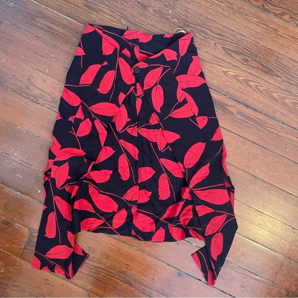 Marni red black leaf asymmetrical button up midi skirt